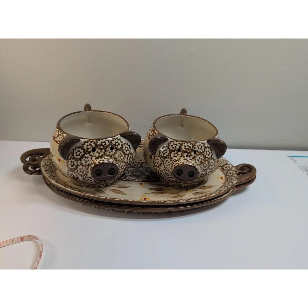 VINTAGE‎ TEMPTATIONS TARA OLD WORLD PIG SHAPED SOUP BOWLS & PLATTERS 4 PIECE